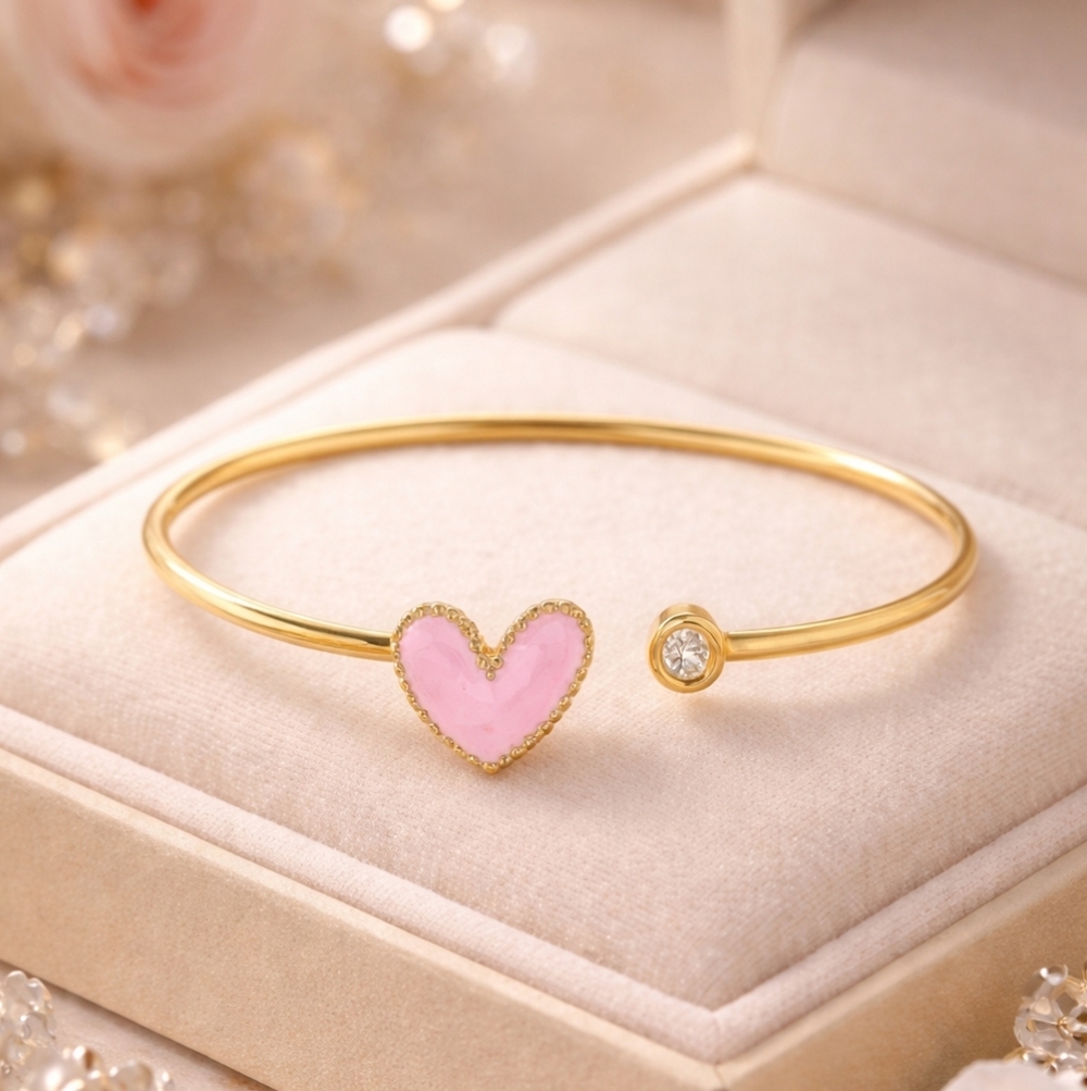 Gold Open Cuff Bracelet with Pink Heart Accent